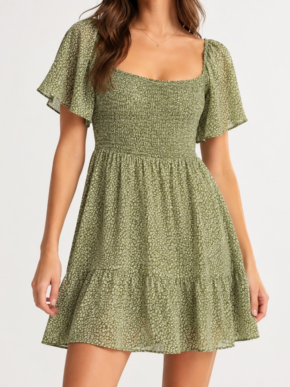 Abercrombie & Fitch Smocked Floral Sage Green Mini Dress